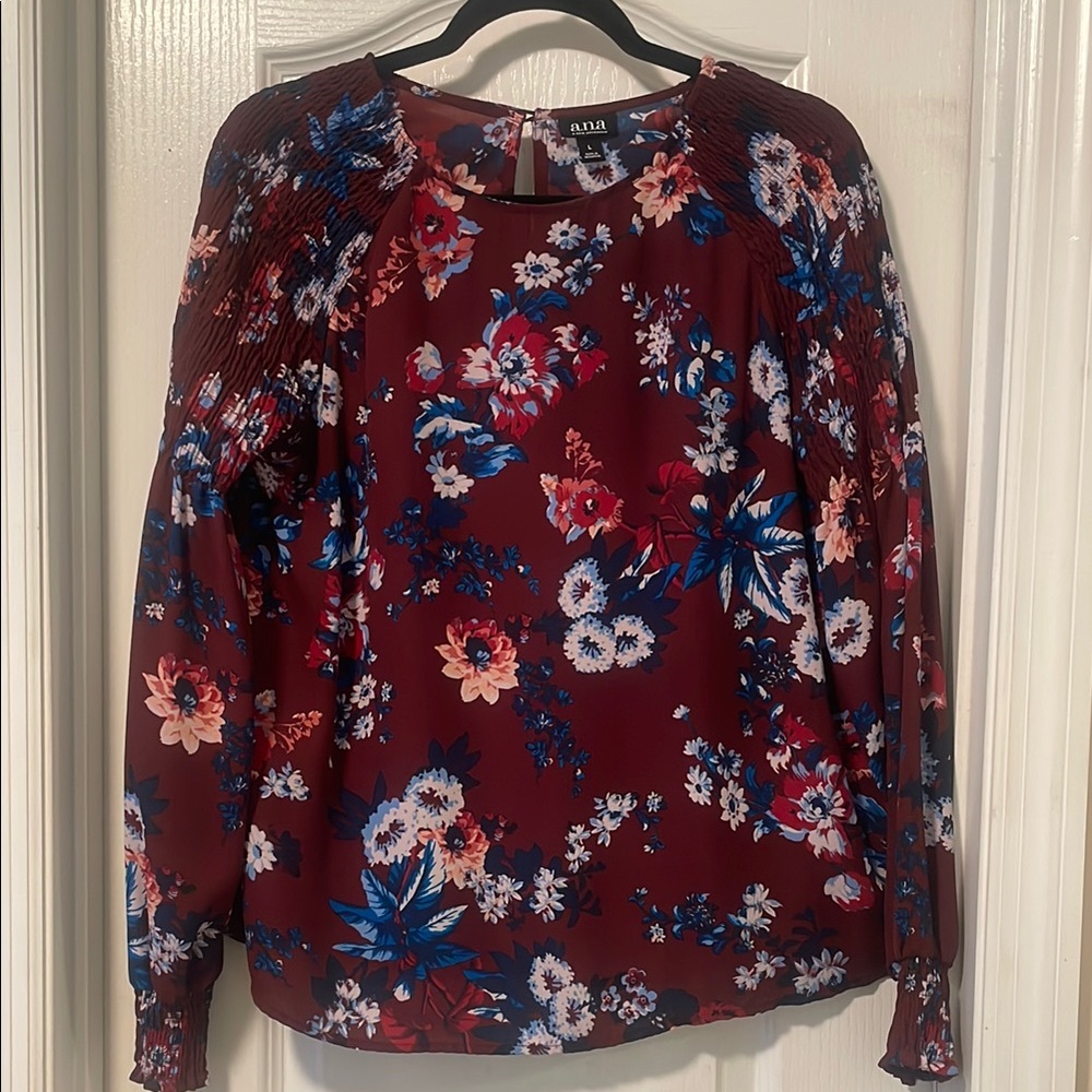 a.n.a Burgundy and Blue Blouse Vibrant Top
